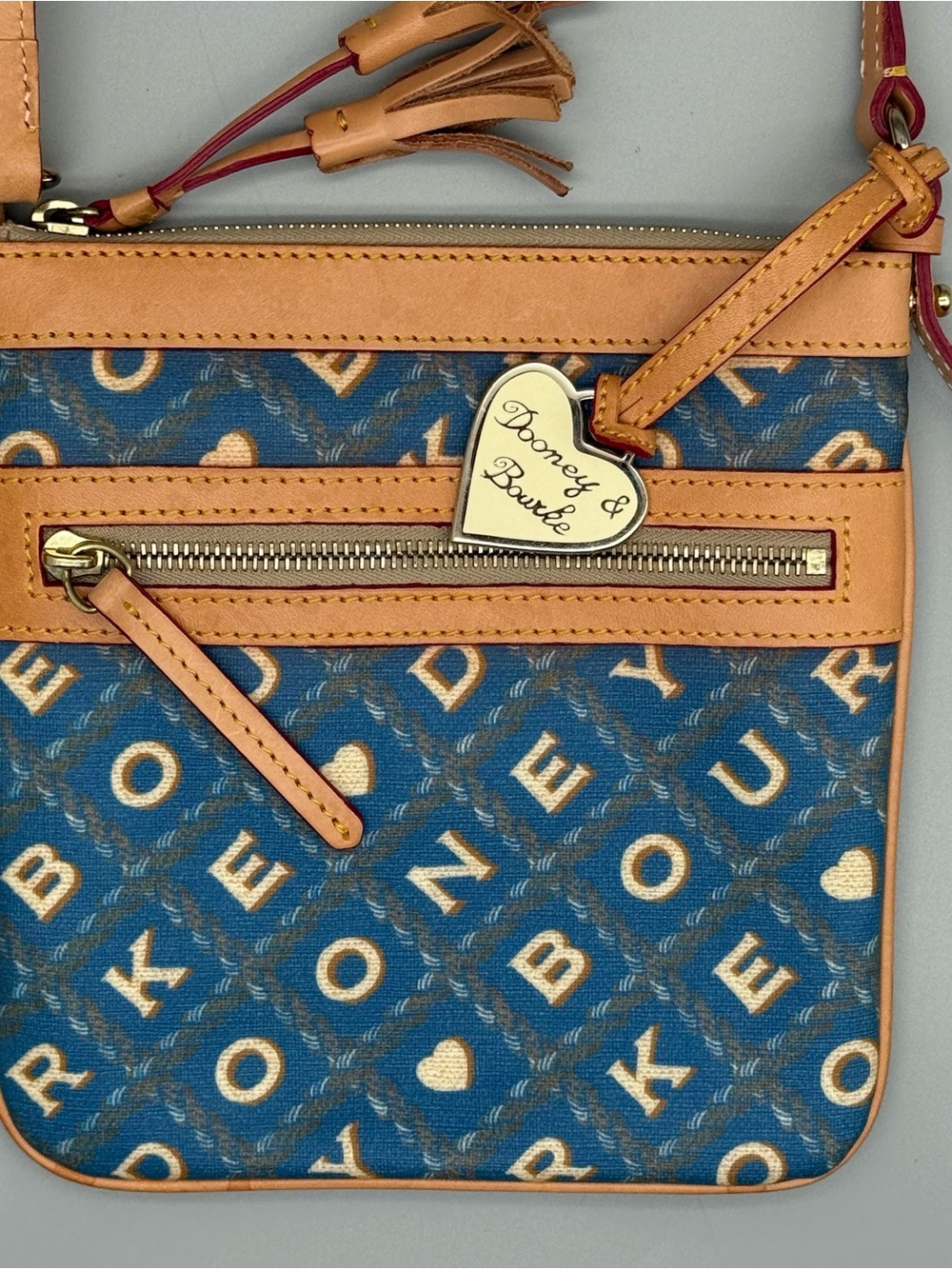 Dooney & Bourke Blue Tan Y2K Letter Carrier Crossbody Monogram Crossword Hearts